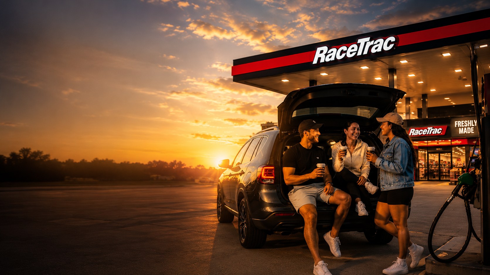 Friends gathered at a RaceTrac fuel canopy at golden hour